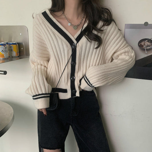 V-Neck Knitted Slim Cardigan Sweater-ABS2418GY