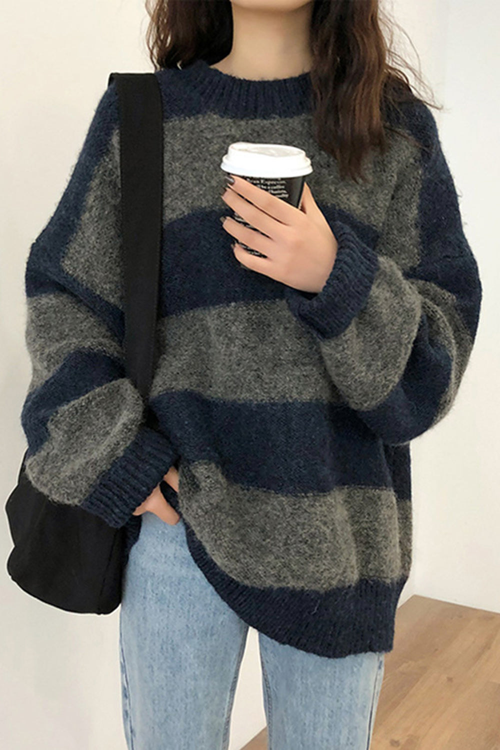 Long Sleeve O-Neck Knitted Striped Sweater-ABS2443BK