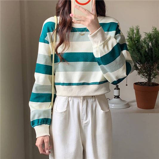 Long Sleeve Cute Striped Cropped Sweater-ABS2473WT