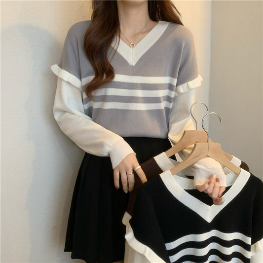 Long Sleeve V-Neck Striped Ruffle Sweater-ABS2424PK