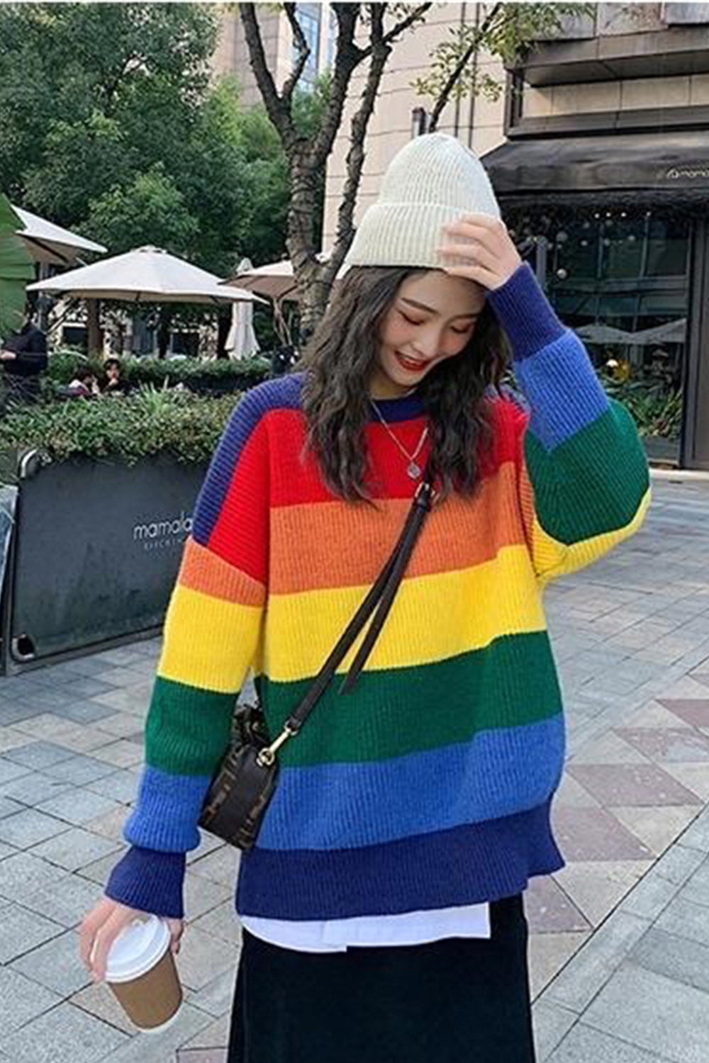 Loose Rainbow Warm Knitted Sweater-ABS248BK