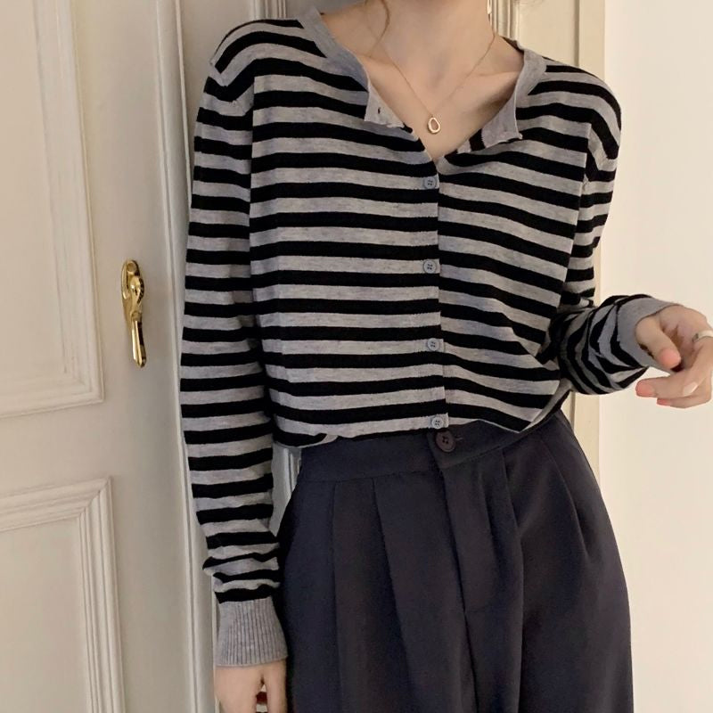 Long Sleeve Simple Classic Striped Sweater-ABS2467GY