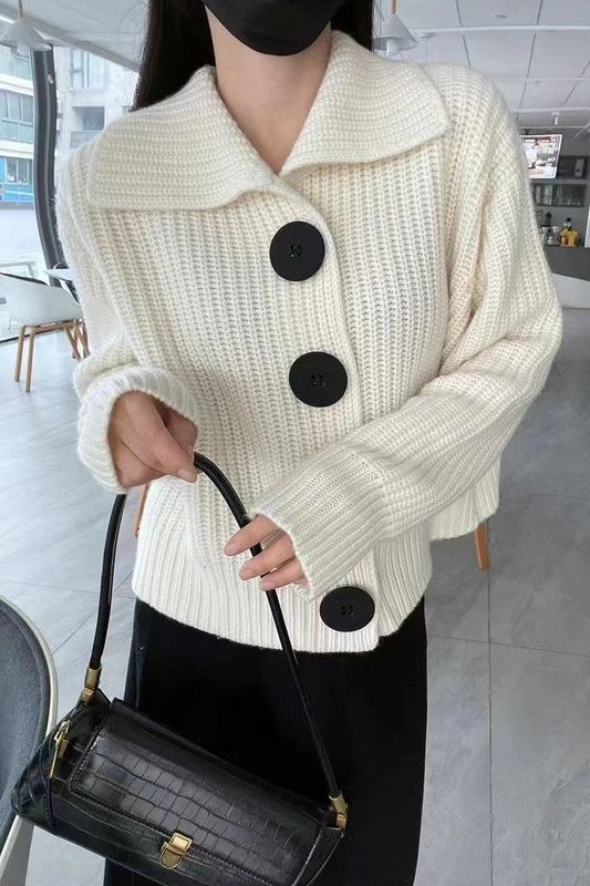 Long Sleeve Big Button Knitted Lapel Collar Sweater-ABS2428GY