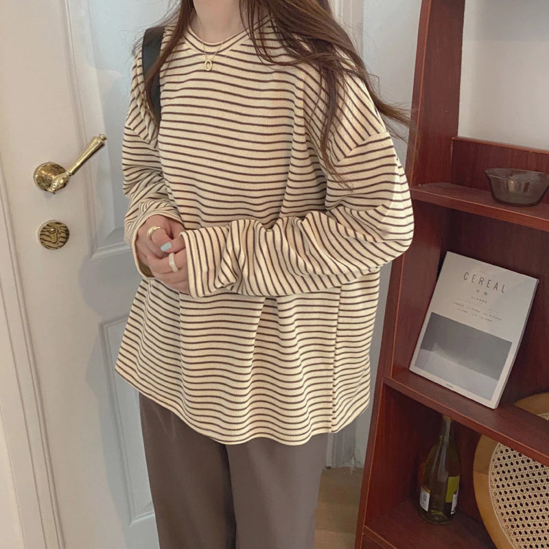 Long Sleeve Coffee Colors Striped Loose Shirt-ABS2452BK