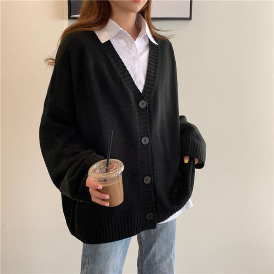 Loose V-Neck Retro Button Knitted Cardigan Sweater-ABS2482BK