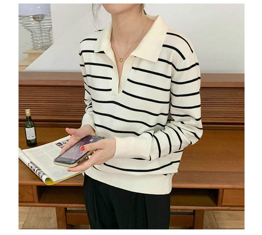 Striped Turn Down Collar Long Sleeve Sweater-ABS2486GY