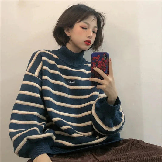 Turtleneck Striped Loose Sweater-ABS2405BW