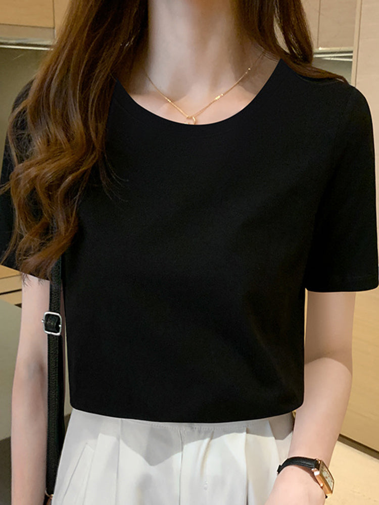 Round Neck Short Sleeve Summer T-shirt Pure Cotton Black Ladies Tee-ABT02BK