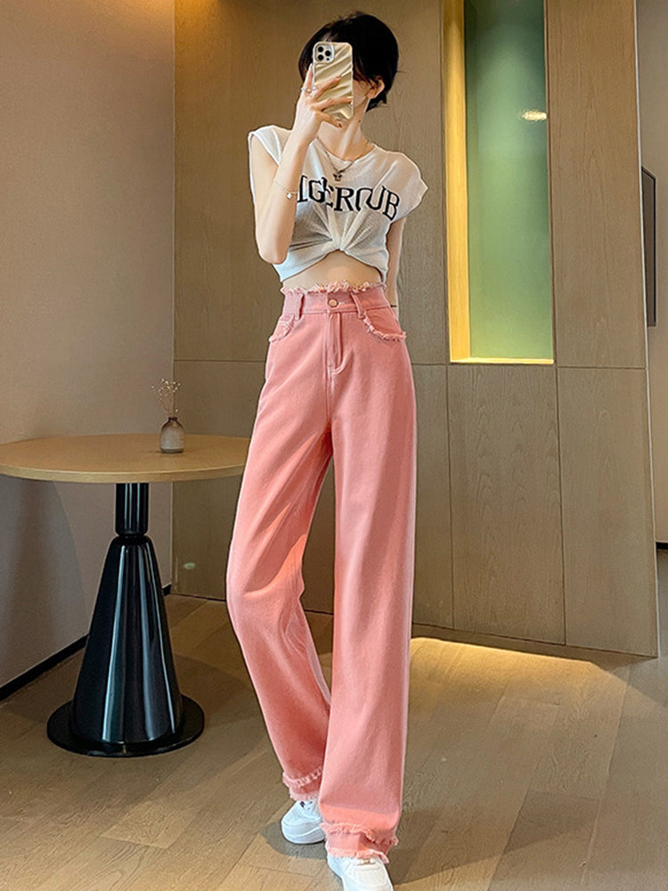 High Waist Light Color Loose Straight Wide Leg Pants-ABP3008BK