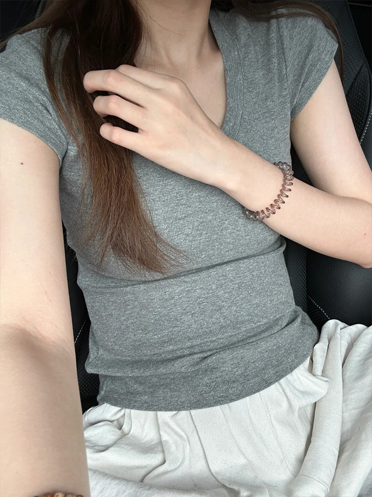 High-grade Grey U-neck Straight Shoulder T-shirt for Women 2025 Summer-SP&R-109