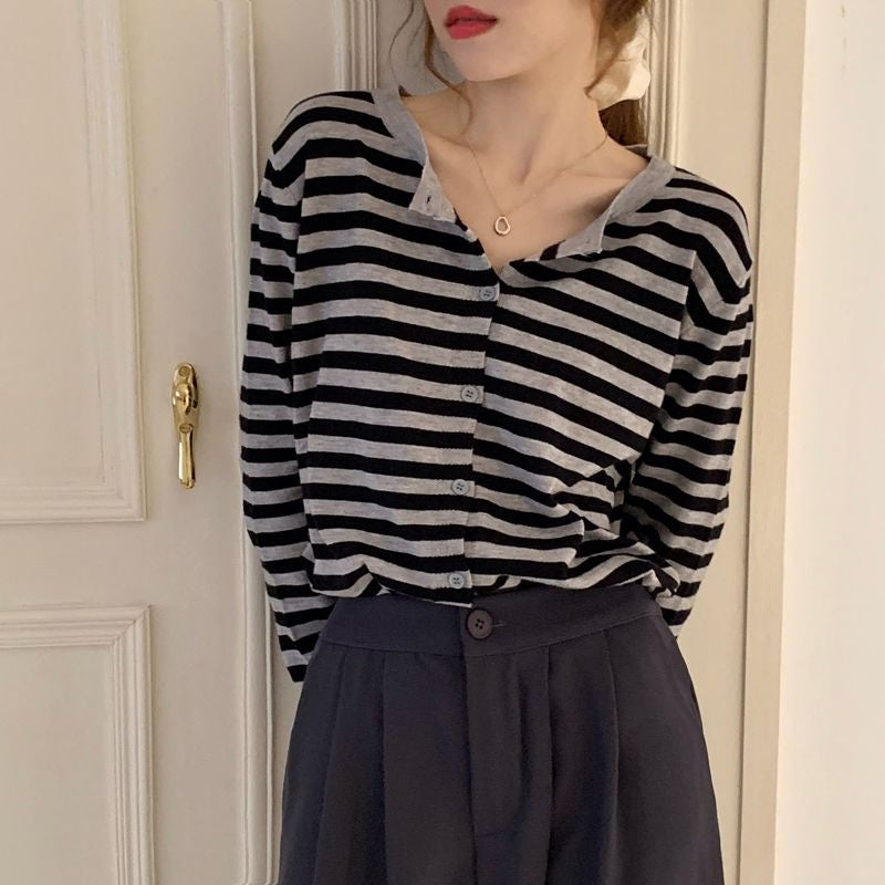 Long Sleeve Simple Classic Striped Sweater-ABS2467GY