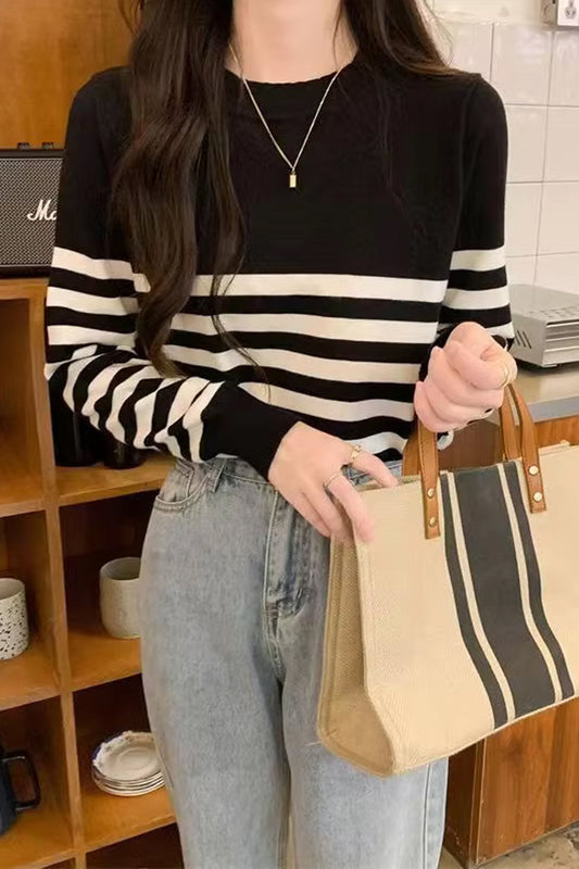 Long Sleeve Retro Striped Slim Sweater-ABS2468GN