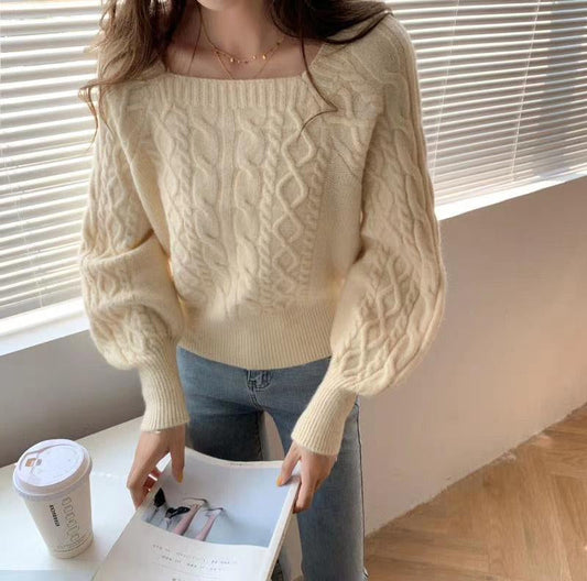 Long Sleeve Slim Square Collar Knitted Sweater-ABS2471BK