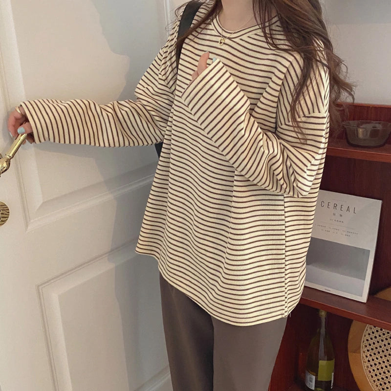 Long Sleeve Coffee Colors Striped Loose Shirt-ABS2452BK