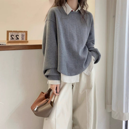Women's Striped Shirt Stitching Fake Two-piece Sweatshirt-ABS2475WT