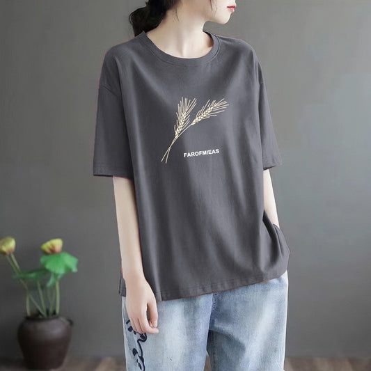 Distressed Print Crew Neck Loose Cotton Short-Sleeve T-Shirt-GNN-46