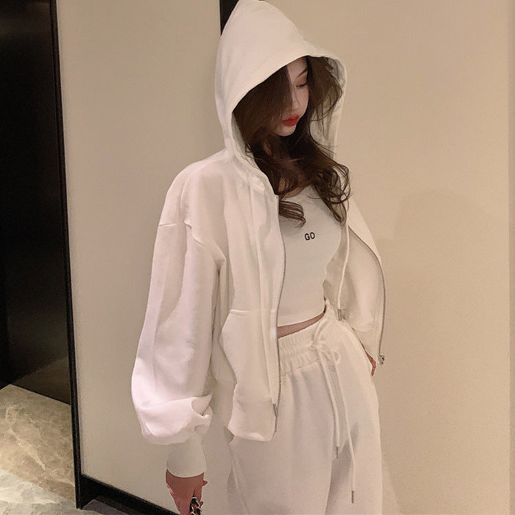 Zippered Hoodie Jacket Suspenders Long Pants 3-Piece Set-N202