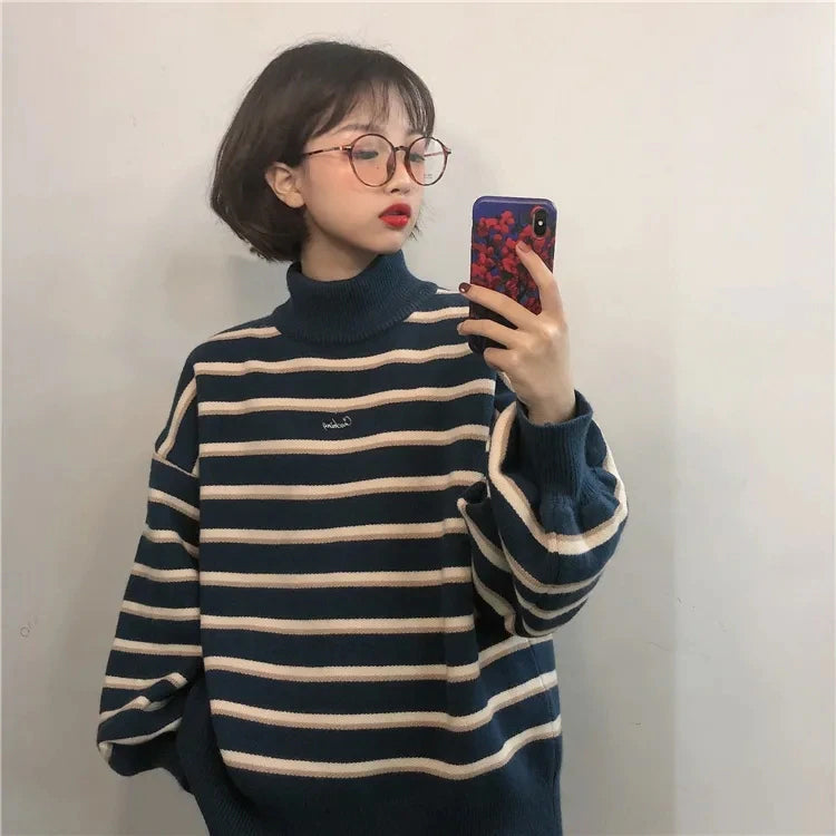 Turtleneck Striped Loose Sweater-ABS2405BW