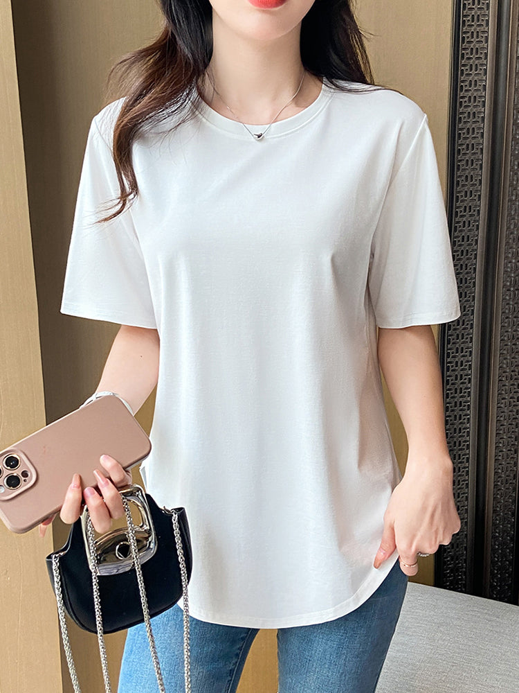 Cotton White T-shirt 2024 Summer Short Sleeve Round Neck Pullover-ABT44WT