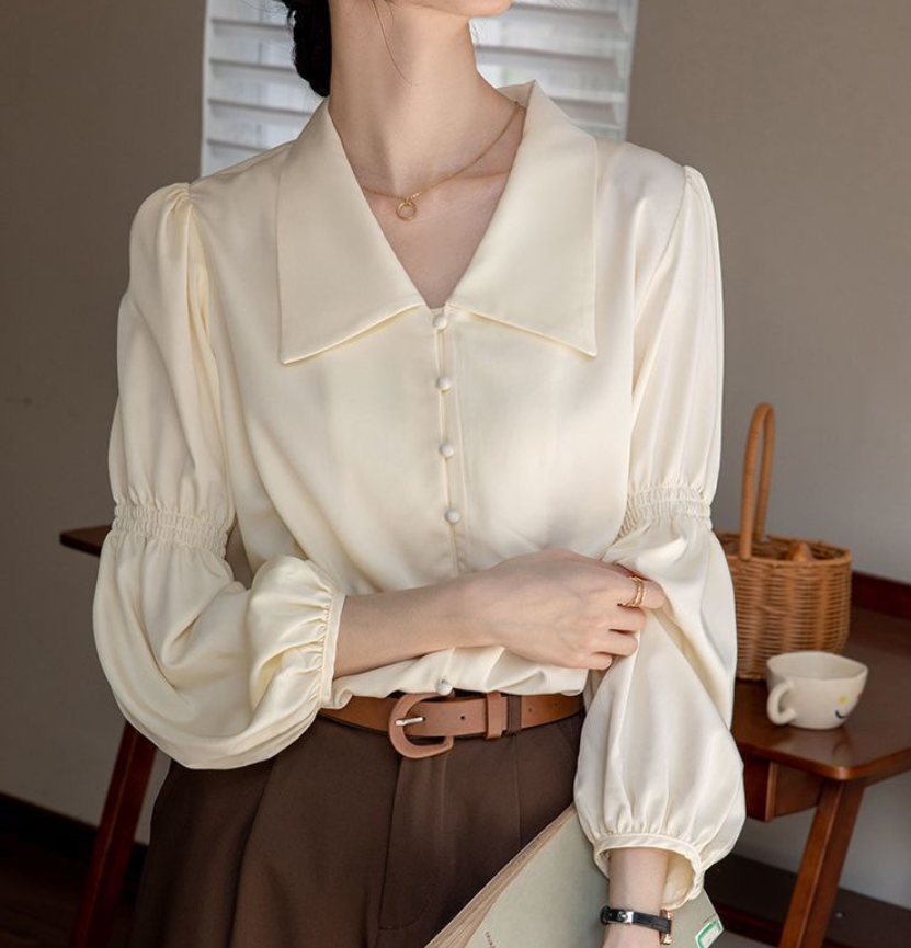 Women's Spring Lantern Sleeve Apricot Shirt