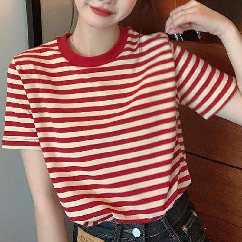 Red Striped T-shirt Women's Casual Retro Summer Tops-ABT44RED