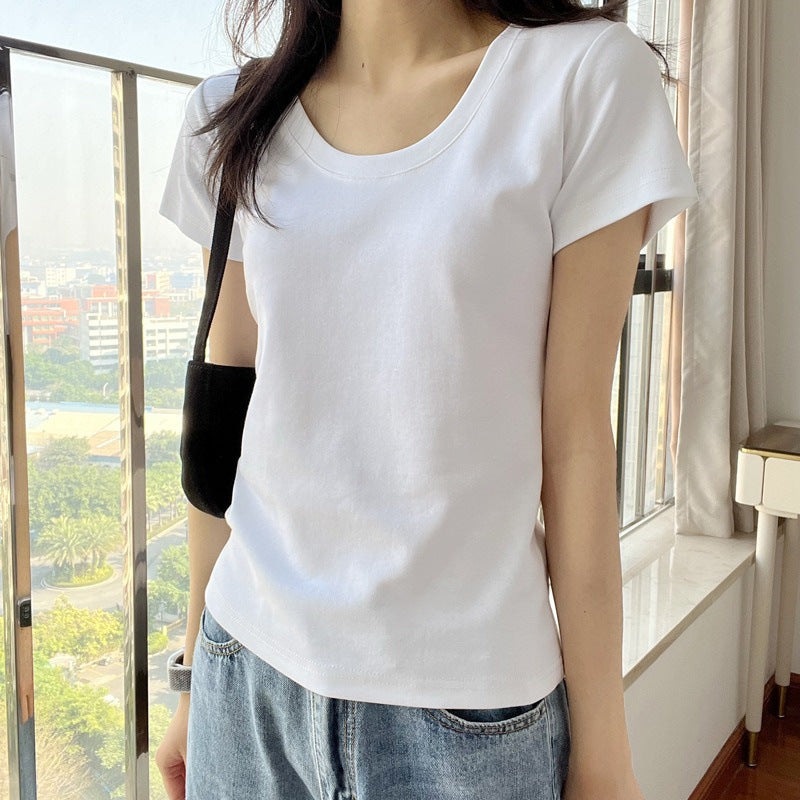 【Clearance】Simple U-neck Short-sleeved T-shirt Women--FP8085WT