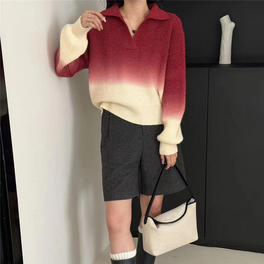 Fashionable Gradient Lapel Collar Pullover Sweater