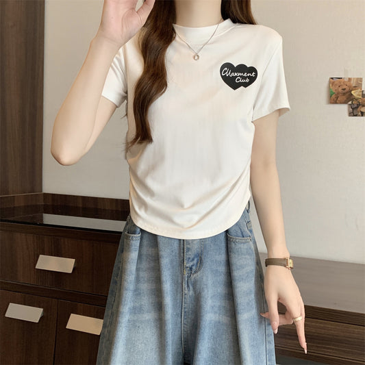2025 Summer Short Sleeve Cotton Heart Printed T-Shirt-SPF-228
