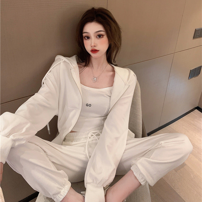 Zippered Hoodie Jacket Suspenders Long Pants 3-Piece Set-N202