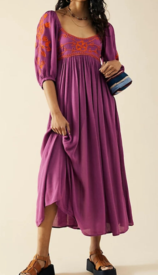 Bohemian Vacation Beach Dresses Women Vintage Embroidered Dress 6202##