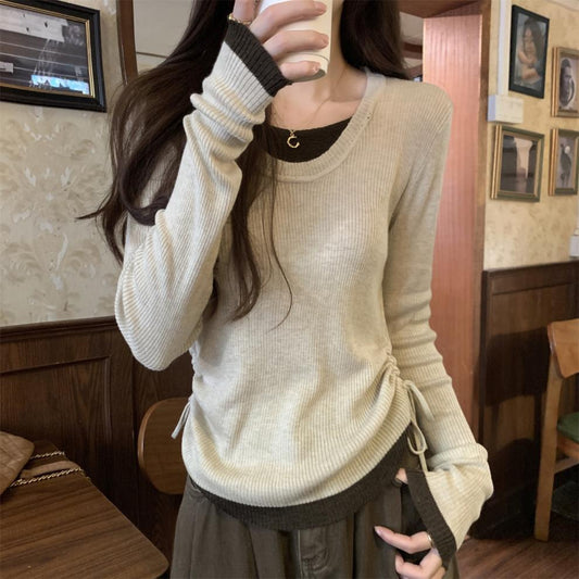 Fake Two-piece Drawstring Contrast Color Pleated Long-sleeved Sweater