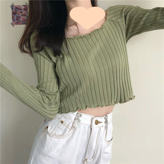 Cropped Slim Fit Ruffled Long Sleeve Knit Sweater