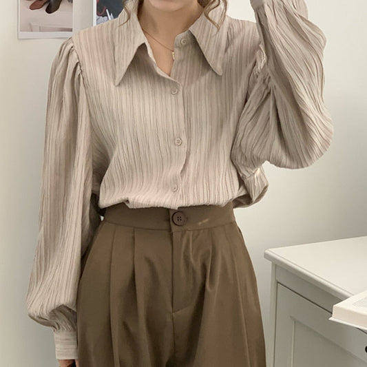 Vintage Elegant Office Lady Puff Sleeve Korean Fashion Women Autumn Winter Blouses Shirts Tops-ABT42PK