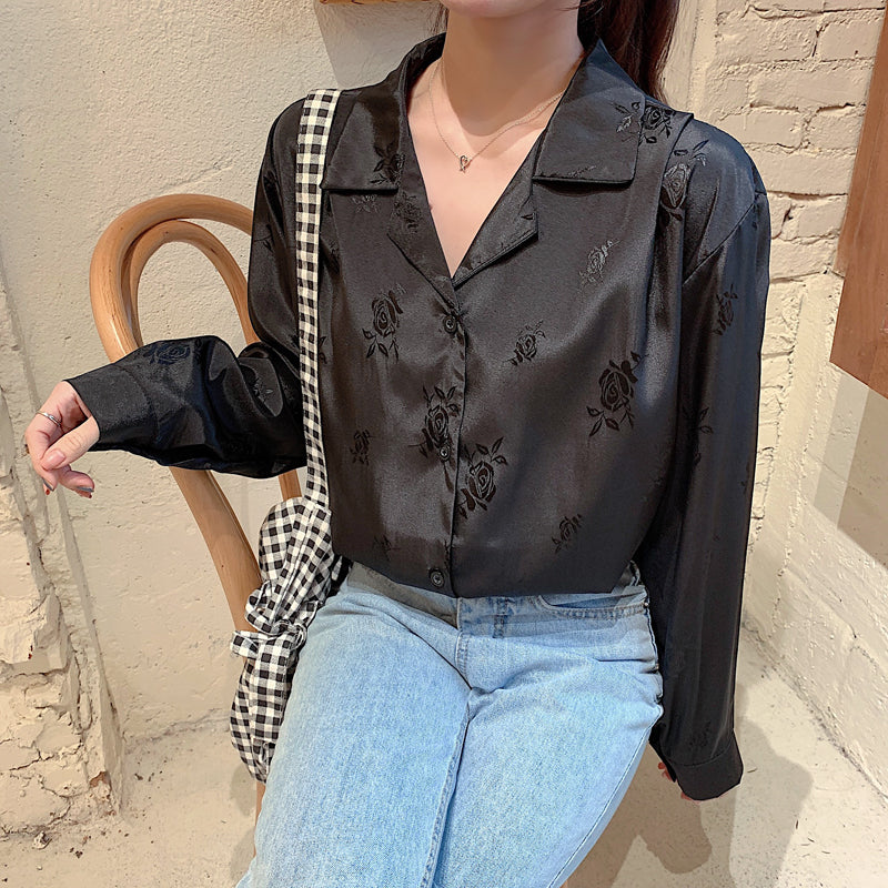 Vintage Button Up Blouses Women Single Breasted Turn-Down Collar Long Sleeve Tops-ABT06BK