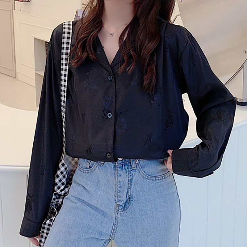 Vintage Button Up Blouses Women Single Breasted Turn-Down Collar Long Sleeve Tops-ABT06BK