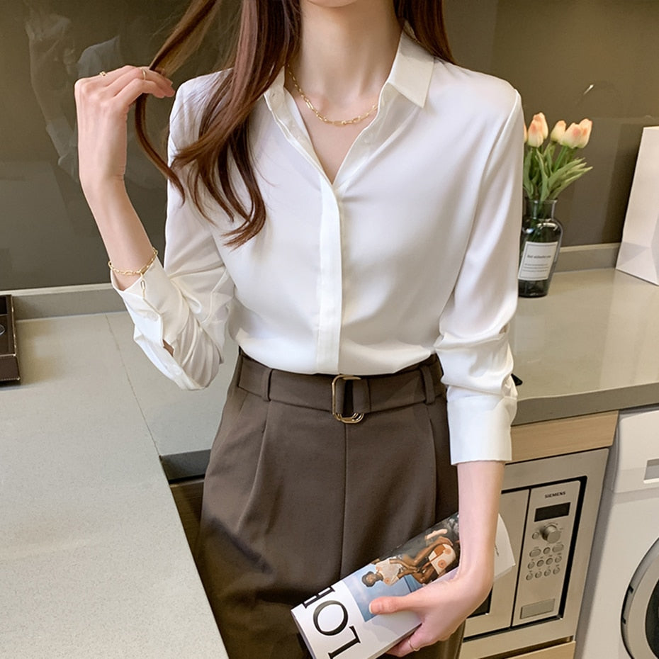 Elegant Blouse Autumn Spring Turn-Down Collar Single-Breasted Long Sleeve Shirts-