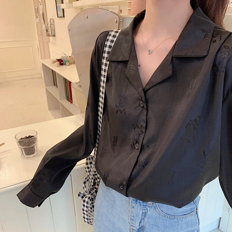 Vintage Button Up Blouses Women Single Breasted Turn-Down Collar Long Sleeve Tops-ABT06BK