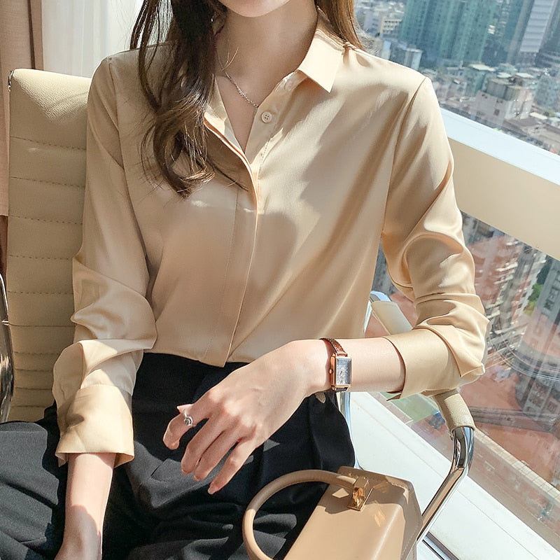 Elegant Blouse Autumn Spring Turn-Down Collar Single-Breasted Long Sleeve Shirts-