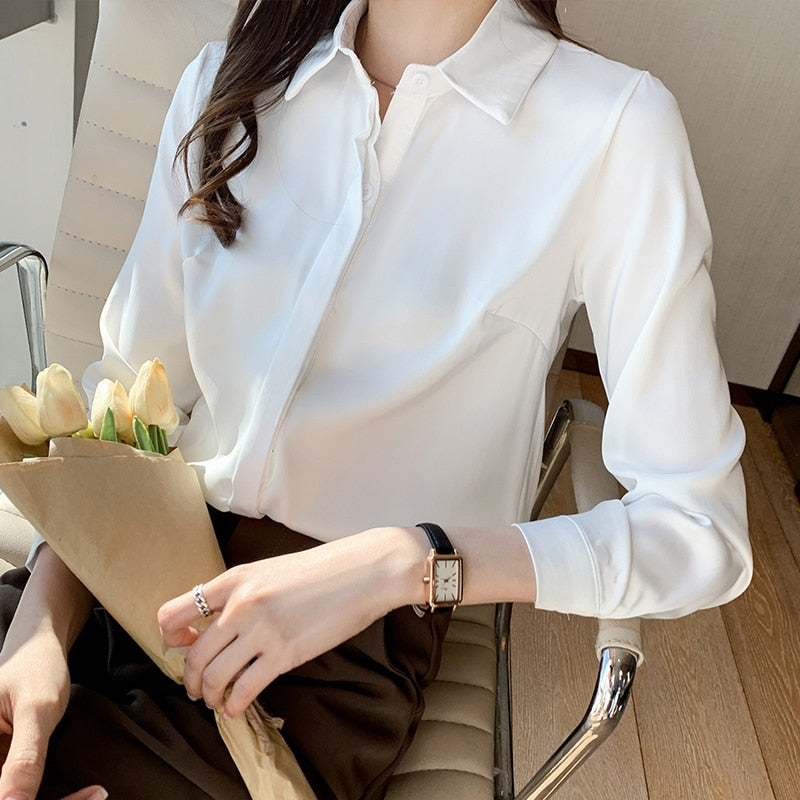 Elegant Blouse Autumn Spring Turn-Down Collar Single-Breasted Long Sleeve Shirts-