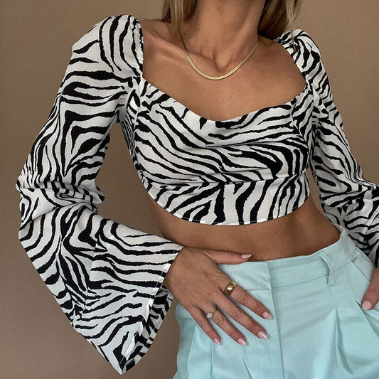 Long Sleeve Top  Zebra Print Elegant Sexy Backless Lace Up Blouses-ABS2483BK