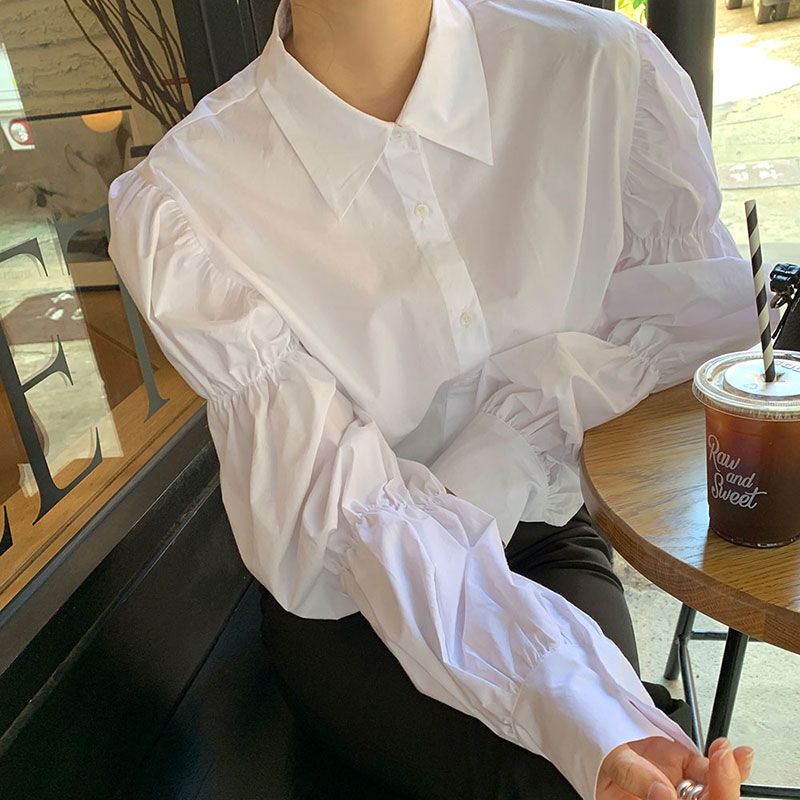 Women's Puff Sleeve Folds Design Korean Style Solid Simple Leisure Harajuku Loose Fashion Shirts-ABS2490GY