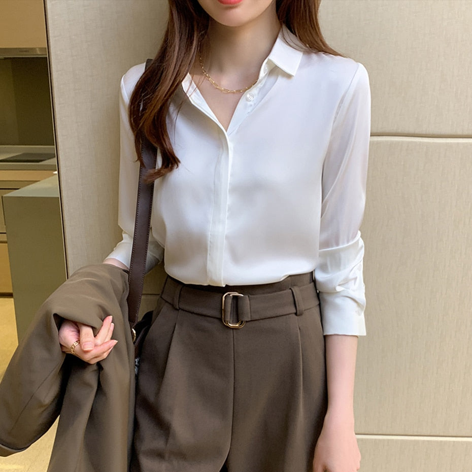 Elegant Blouse Autumn Spring Turn-Down Collar Single-Breasted Long Sleeve Shirts-