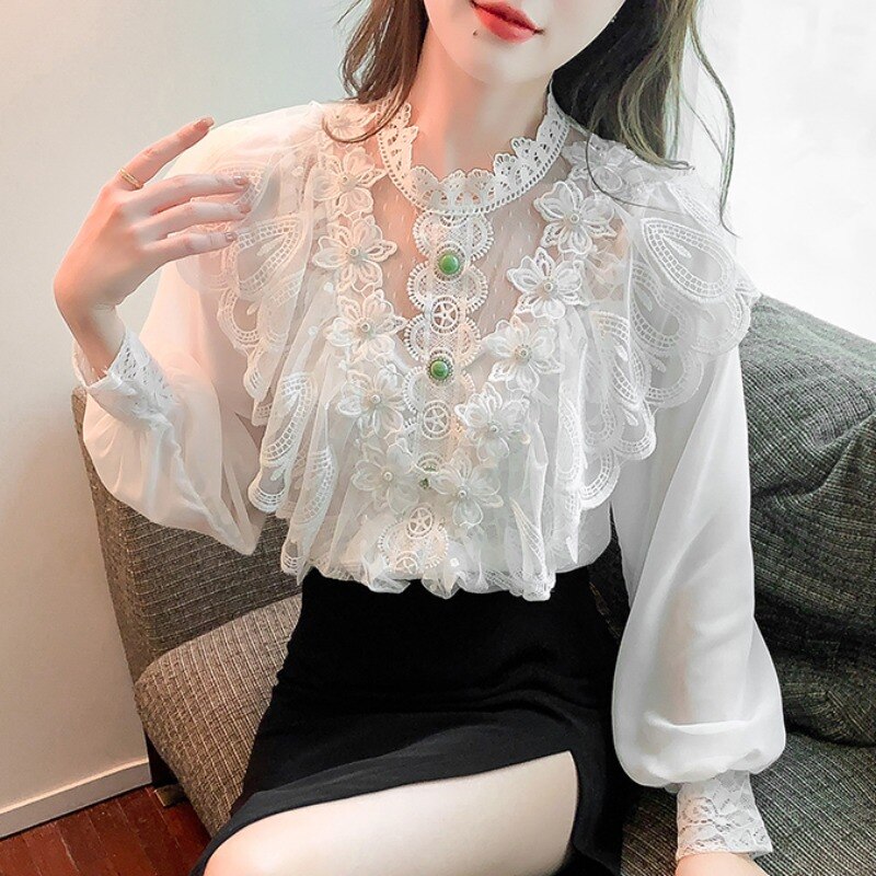 Embroidered Blouse Beaded Flower Chiffon Shirt Women's Long-Sleeved Shirt-ABD2488MC