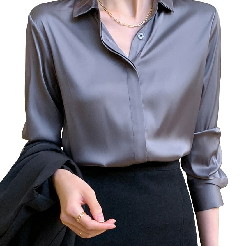 Elegant Blouse Autumn Spring Turn-Down Collar Single-Breasted Long Sleeve Shirts-