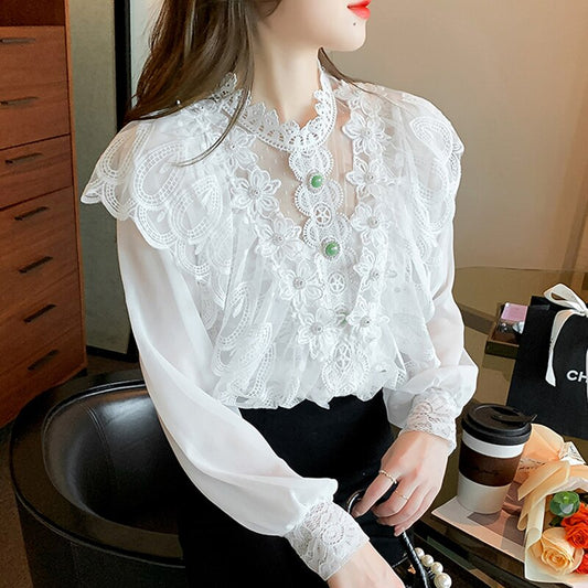 Embroidered Blouse Beaded Flower Chiffon Shirt Women's Long-Sleeved Shirt-ABD2488MC