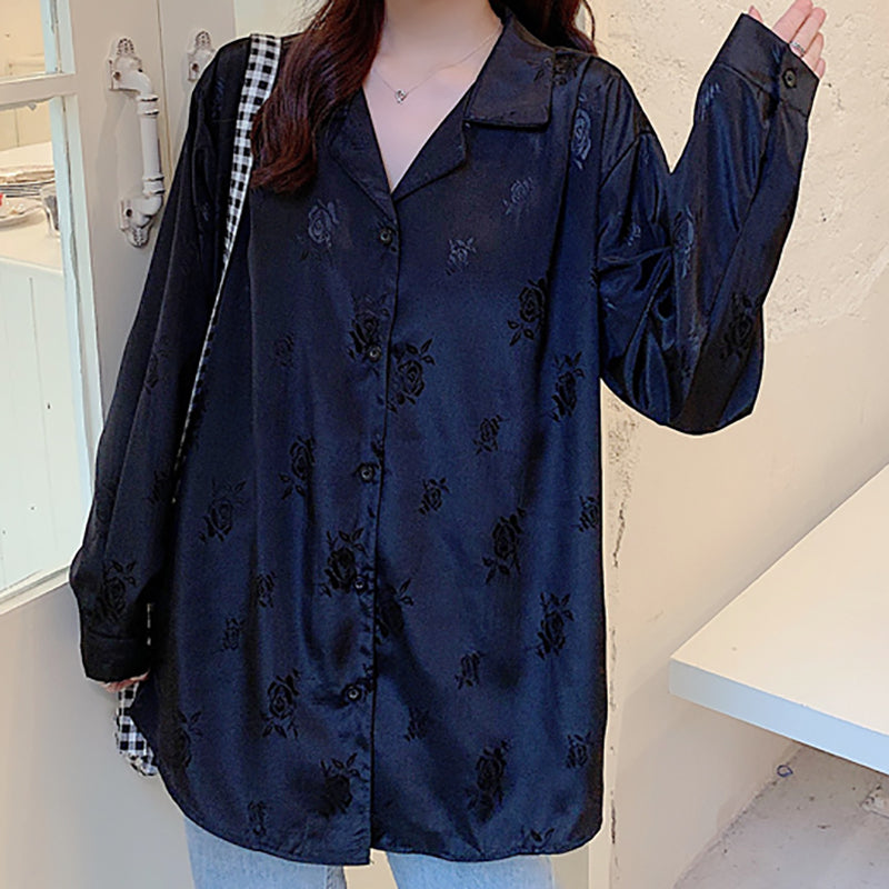 Vintage Button Up Blouses Women Single Breasted Turn-Down Collar Long Sleeve Tops-ABT06BK