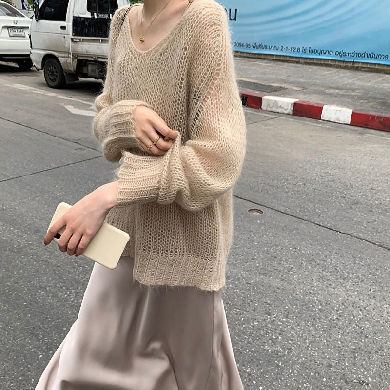 Hollow-out Knitted Blouse Early Autumn New Loose Outer Wear Lazy Pullover Mohair Thin Sweater-ABS2494PK