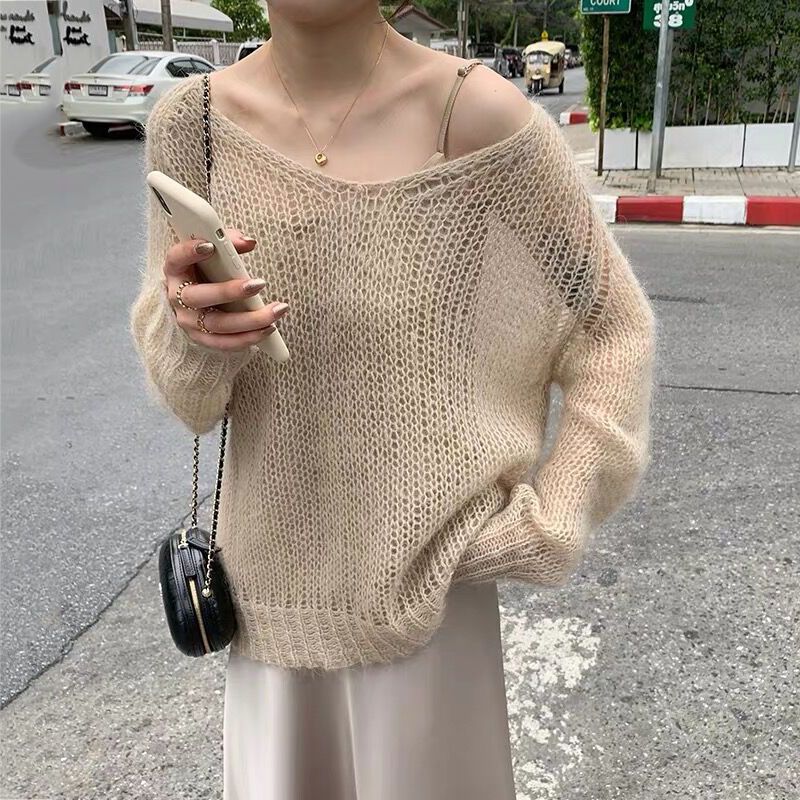 Hollow-out Knitted Blouse Early Autumn New Loose Outer Wear Lazy Pullover Mohair Thin Sweater-ABS2494PK