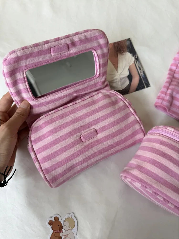 Flip-top with Mirror Makeup Bag Women Pink Striped Portable Zipper Cosmetic Travel Organizer Cute Sweet Handbag Toiletry Pouch
