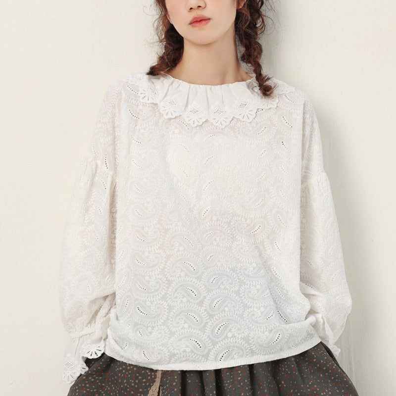 Spring Autumn Sweet Embroidered Shirt Women Clothing Petal Sleeved Loose Blouse- ABS2440GY